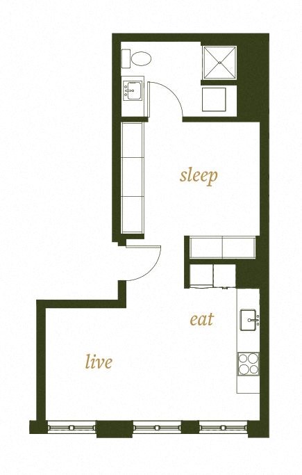 Floor plan for studio, 1 bath, 493 sqft